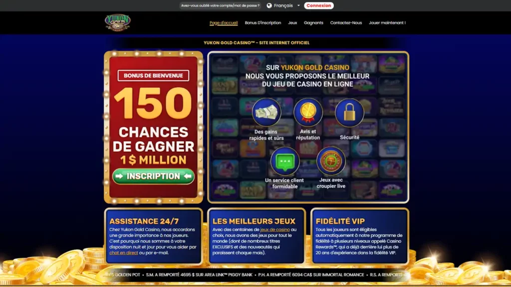 Casino Canadien - Bonus de bienvenue 150 chances de gagner 1 $ million sur Yukon Gold Casino