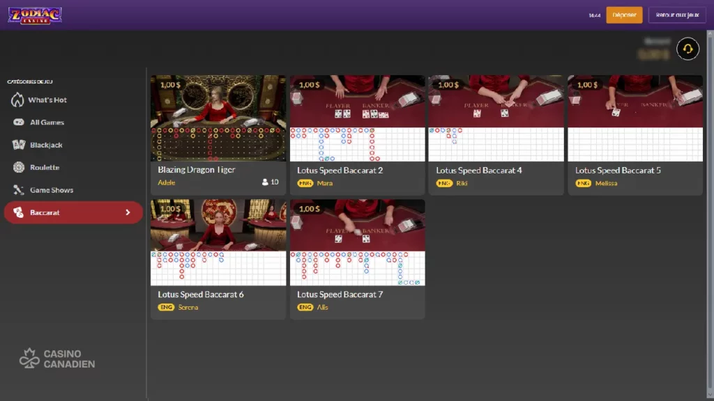 Zodiac Casino Baccarat Live